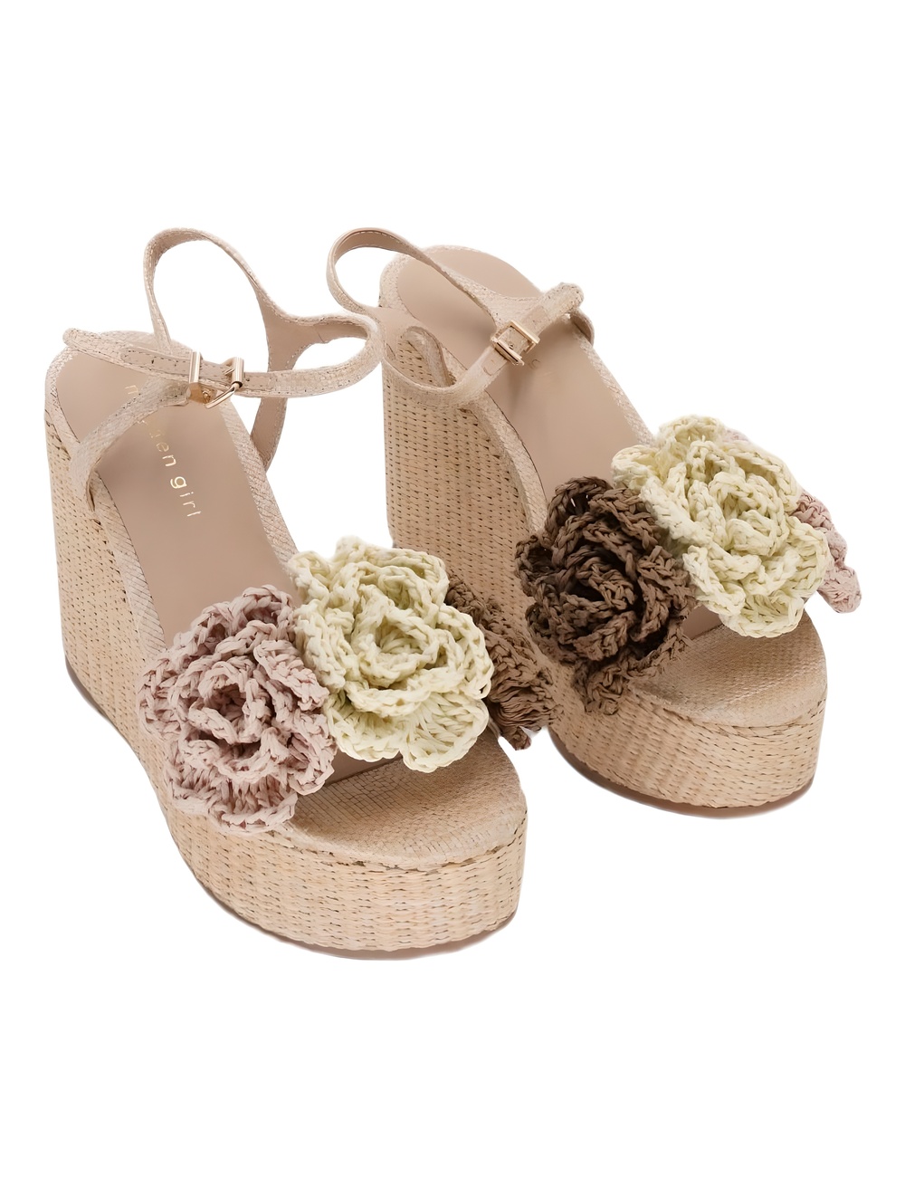 Madden Girl Shoree Raffia Flower Platform Wedge Sandals Natural Multi Size 7M